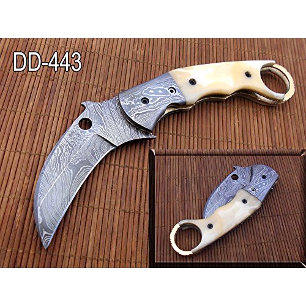 7.5" long Folding Kukri Knife with finger hole, Hand Damascus