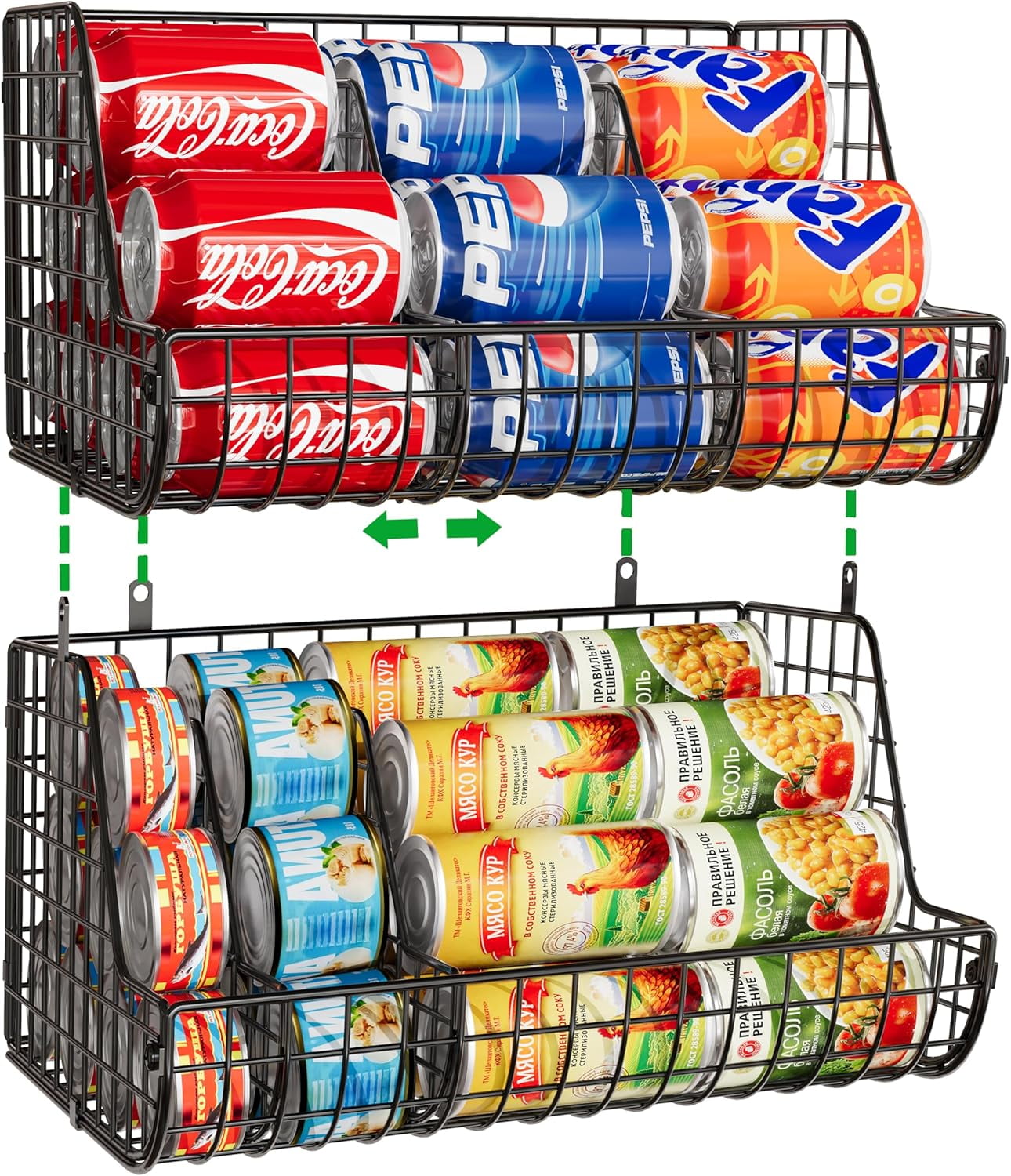 X-COSRACK 2-Pack Stackable Can Organizer for Pantry, Foldable Metal Wire Soda Dispenser with Adjustable Dividers, Black