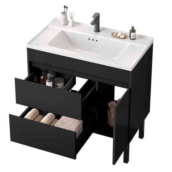 Craftian 36 Inch Bathroom Vanity with Undermount Sink, Free Standing Bathroom Storage Cabinet with Drain, Black