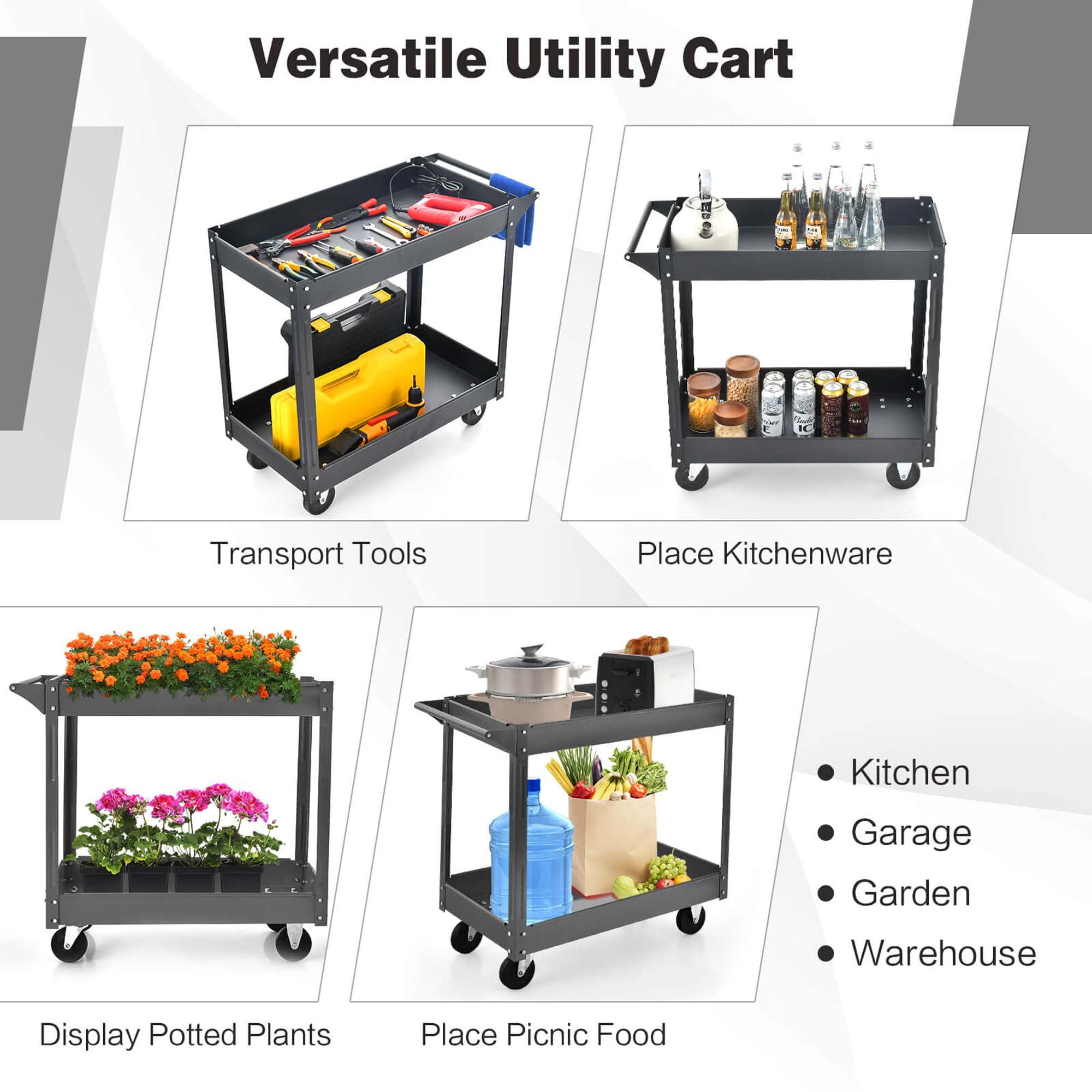 Costway 2-Tier Utility Cart Metal Service Cart Rolling Tool Storage Organizer with Handle Black