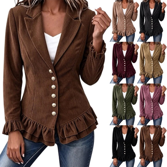 Cmtiyu Ruffled Jackets for Women Long Sleeve Lapel Button Down Wine Corduroy Jacket Dressy Casual Lightweight Fall Jacket S-3XL