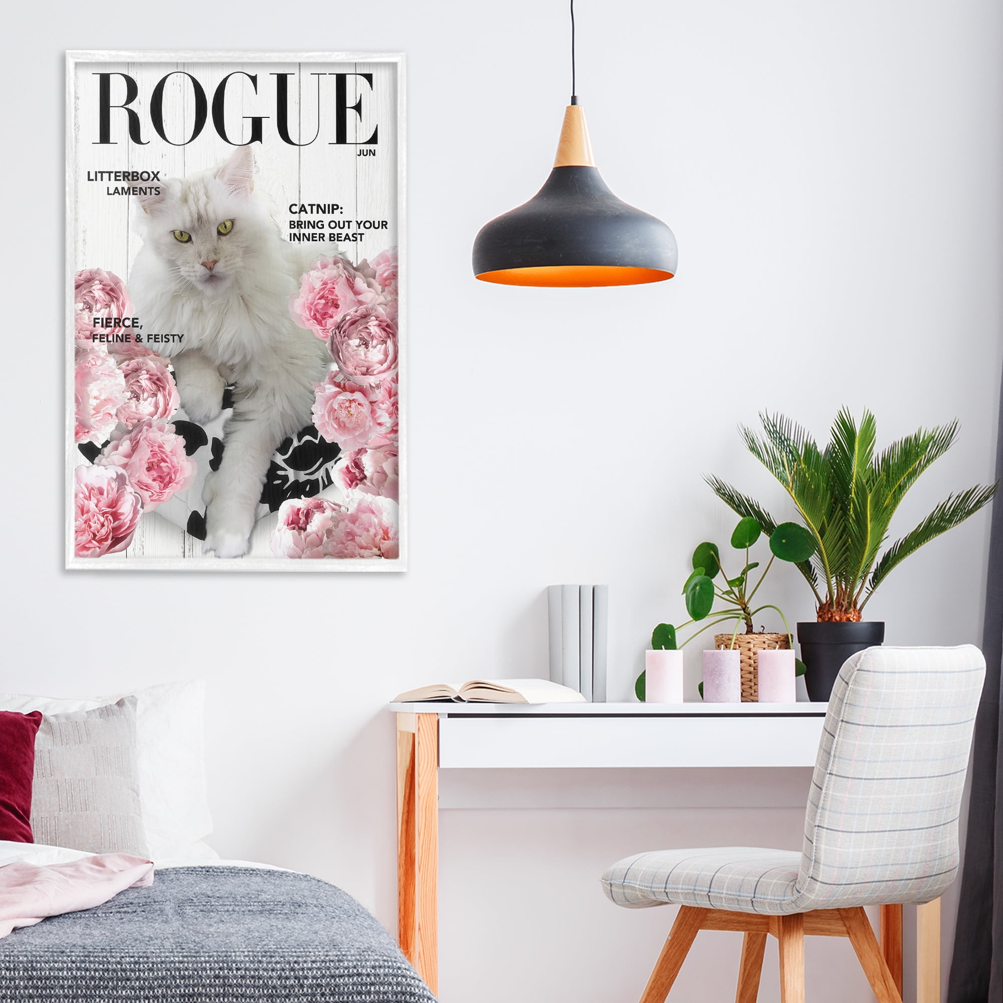Funny Floral Cat Magazine White Framed Giclee Art, design by Sasha