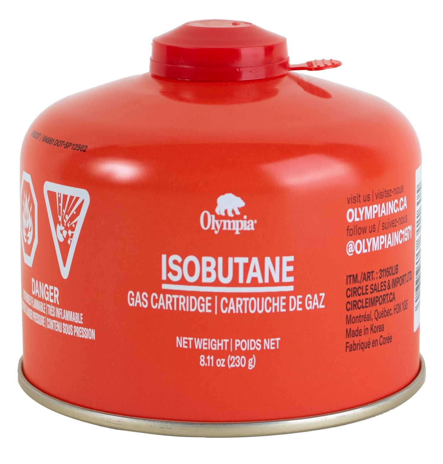 Bidon de propane Olympia Isobutane. Utilisation facile pour le camping. Boîte de conserve de 230 g. Taille de l'article : 10x10x8.9cm Olympia 230 g Isobutane
