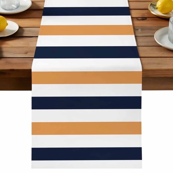 Orange Navy Blue Striped Table Runner, Modern Cotton Linen Table Cloth, Abstract Tablerunner for Kitchen Dining Party Wedding Home Decor 13x70 Inch