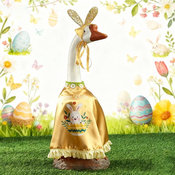 Easter Bunny Goose Outfit for 23 Inch Cement Goose, Satin Dress with Glitter Ears and Happy Easter Print, Spring Decor Clothes for Porch or Concrete Goose Statue