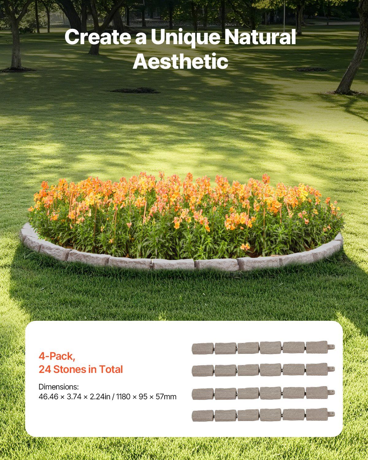 Realistic Faux Stone Landscape Edging 46.4 x 2.2 Inch Flexible Lawn Garden Border with Anchoring Spikes Fade Resistant for Driveways Walkways Beige