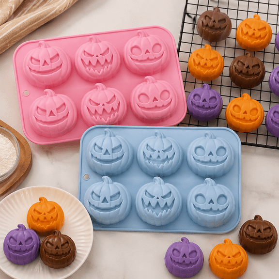 6 Cavity Halloween Silicone Mold with 3 Pumpkin Shapes, Chocolate Candy Mold for Cake Baking Soap Making and DIY Crafts