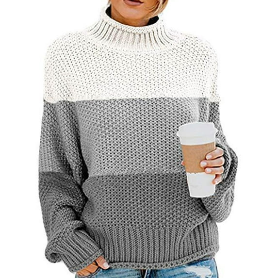 TWZH Women Tricolor High Collar Long Sleeve Sweater Tops