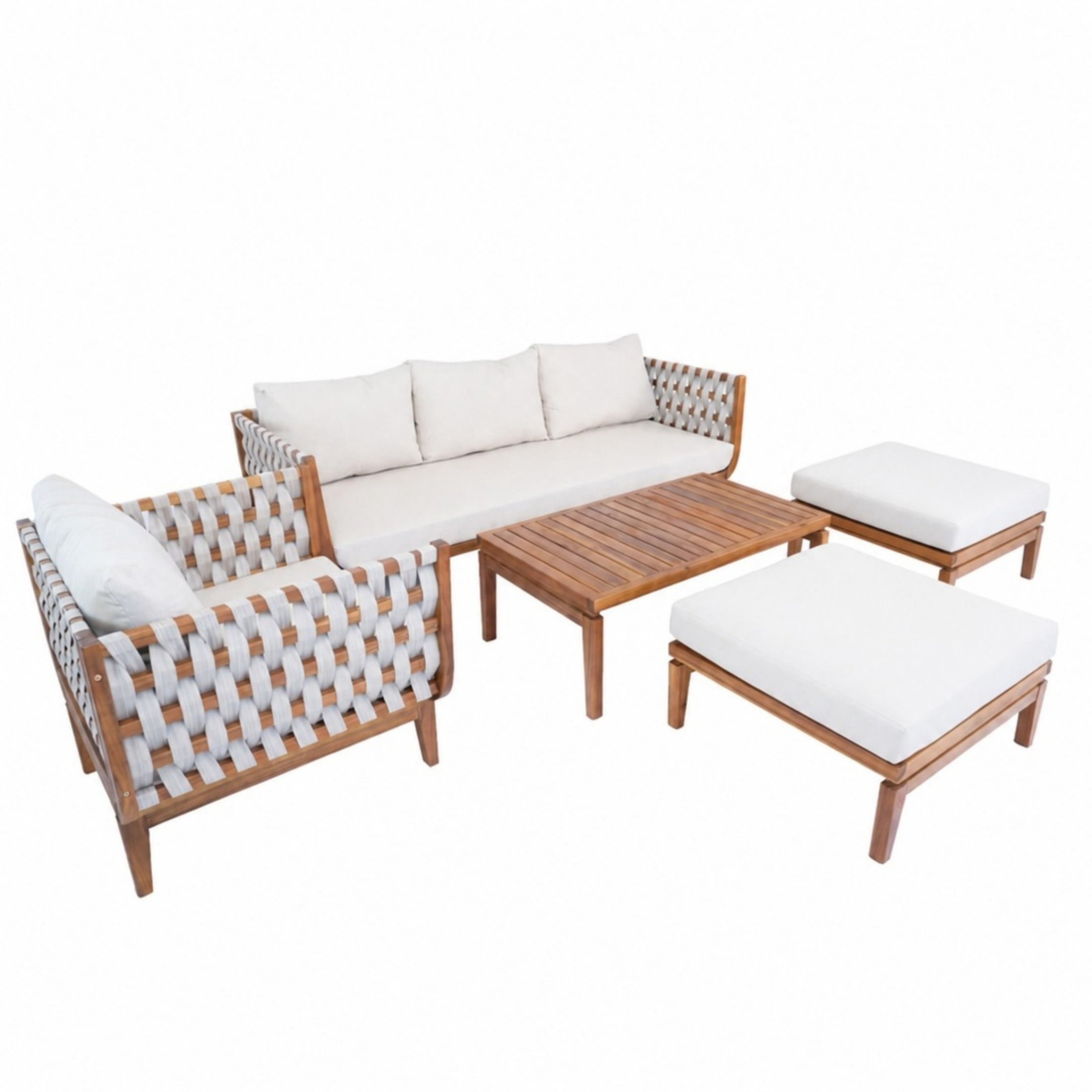 Christopher Knight Home 5-Piece Outdoor Conversation Sofa Set with Ottomans and Coffee Table, Teak+Beige