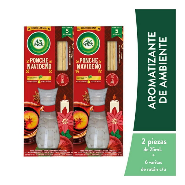 Aromatizante de ambiente Reed Diffuser Air Wick Ponche Navideño, 2 aromatizantes de 25 mL con 6 varitas de ratán.
