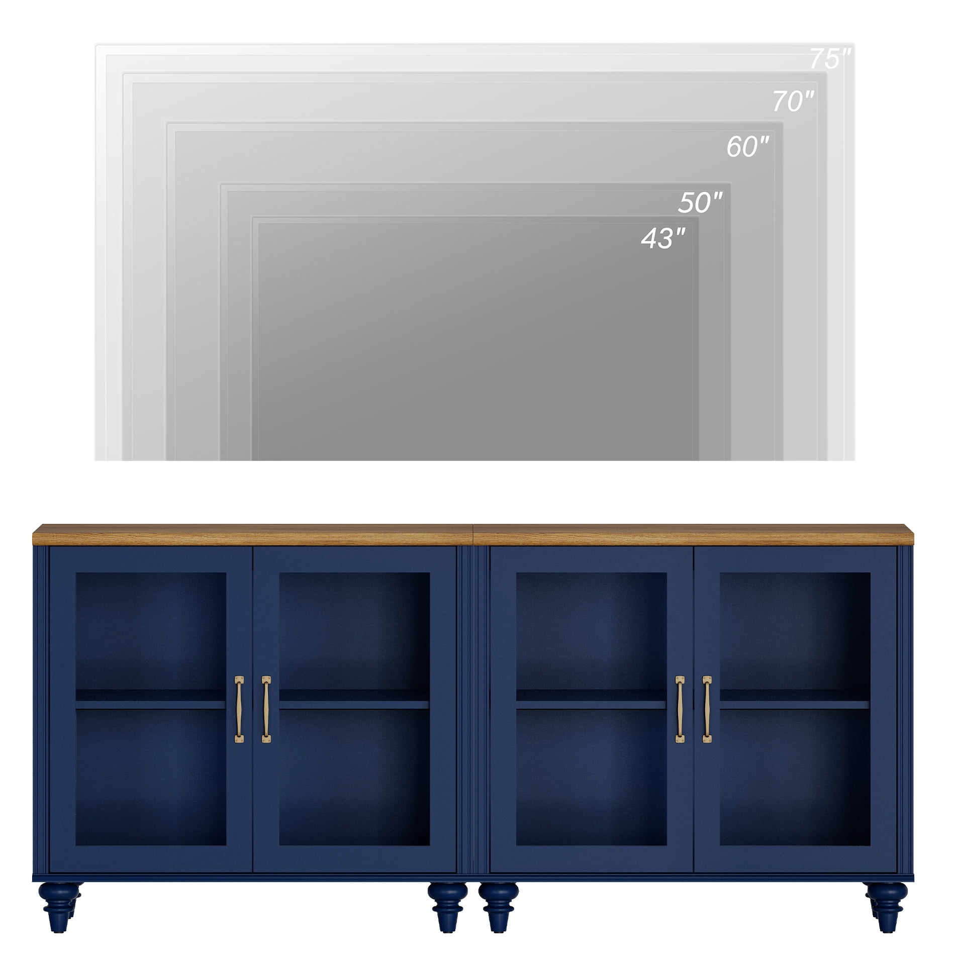 TV Stand for 75 Inch TV, Kitchen Buffet Sideboard with 4 Glass Doors, TV Cabinet for Living Room and Dining Room, Navy Blue