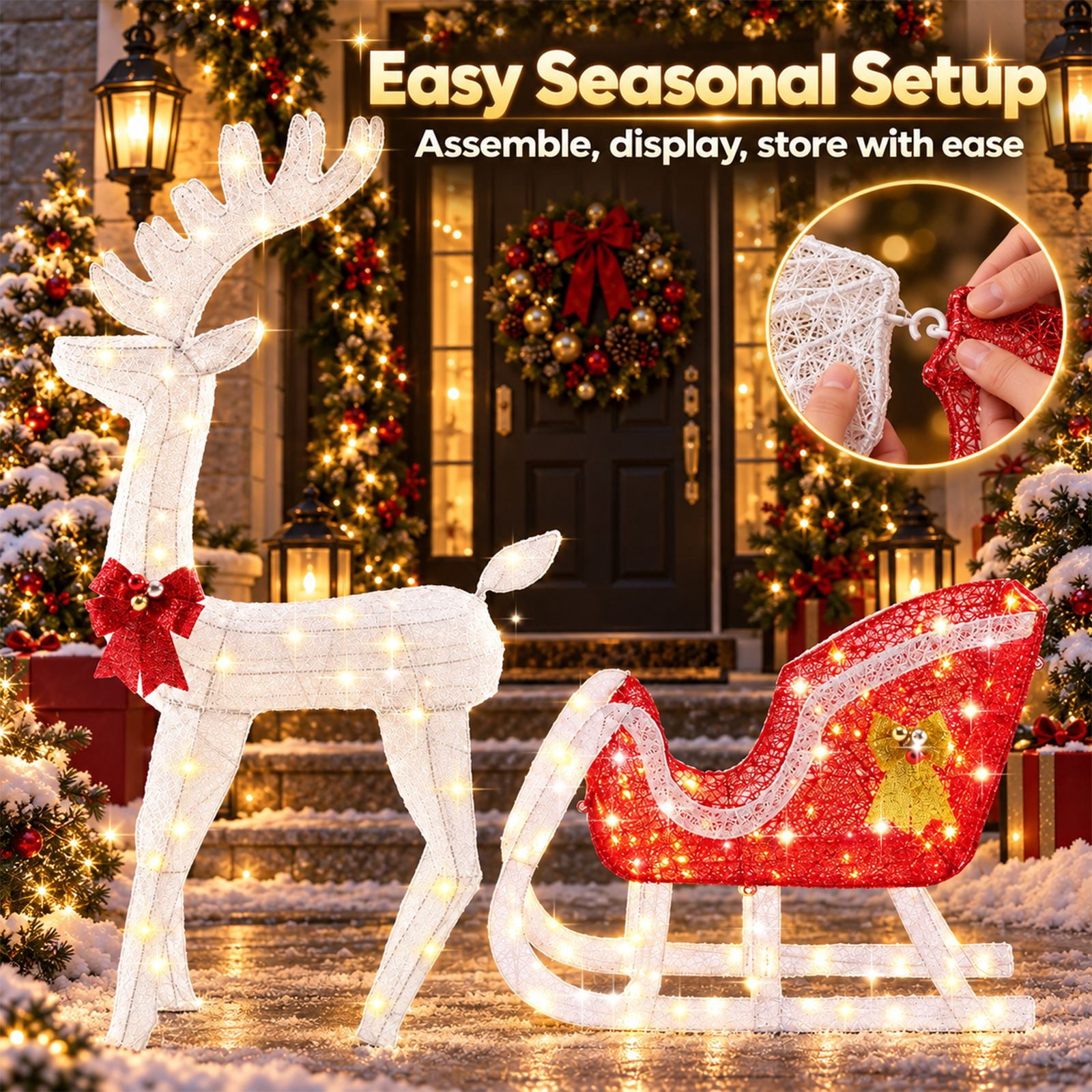 Alvantor Christmas Decoration Lighted Reindeer Sleigh, 180 LEDs, Yard Decor, White, 25.6 x 9.1 x 47.6 In