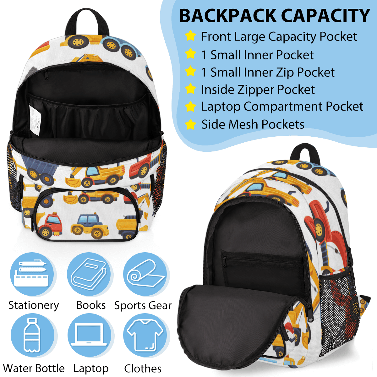 Herdesigns Tractors Trucks Excavator Large Backpack Set with Lunch Box Lightweight Water Resistant Travel Laptop Backpacks Casual Daypacks for Women Men