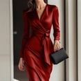 thumbnail image 2 of MORTTIC Women's Elegant V-Neck Satin Dress with Long Sleeves Casual Bodycon Maxi Dress with Tie Waist Red，S, 2 of 5