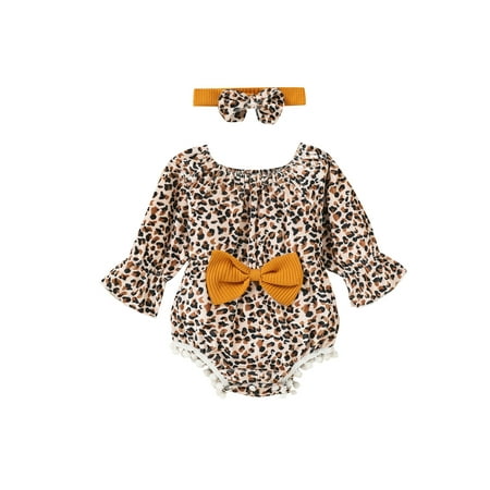 

Canrulo Infant Long Sleeve Romper Bow Headband Leopard Ruffle Bodysuit for Baby Girls Yellow 9-12 Months