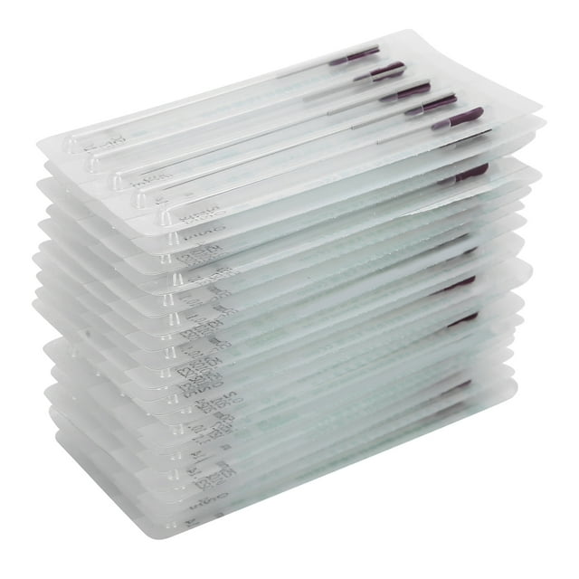 juego de agujas de acupuntura, aguja de acupuntura desechable de acero inoxidable, pila de unidades en blíster individual en vista 3/4, vástagos metálicos finos con mango plástico morado y empaques con texto que indica limpieza con óxido de etileno; para terapia de acupuntura en spa y masaje.