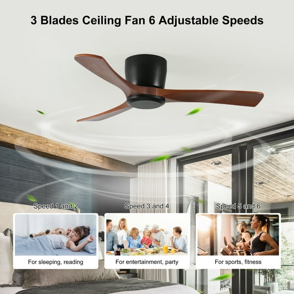 Miniyam 42 in Ceiling Fan No Light with Remote Control Flush Mount, 35db Reversible,Timer,6 Speeds