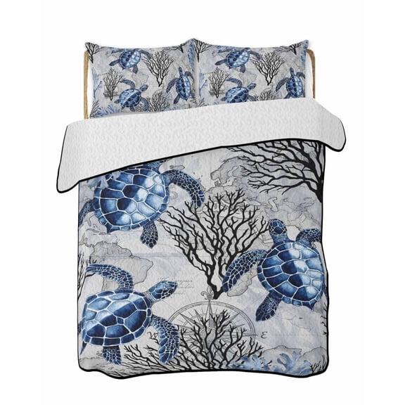 Twin XL Quilt Bedding Set, Coastal Sea Turtles Reversible Summer Quilt 3 Pieces, Blue Summer Coral Ocean Beach Anchor Lightweight Bedspreads Coverlets with 2 Pillow Shams for All Seasons