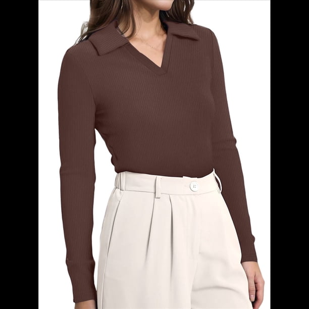 Camisas de Mujer de Larga, Informales, de Negocios, con Cuello en V, Suéter de Punto Acanalado, Blusas Ajustadas. Marrón Oscuro XL