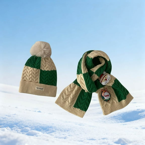 YUNAFFT Christmas Knitted Hat & Scarf Set for Boys & Girls 1.5-6Y, Warm Winter Acrylic Pom Pom Beanie and Neck Warmer Combo Soft & Cozy