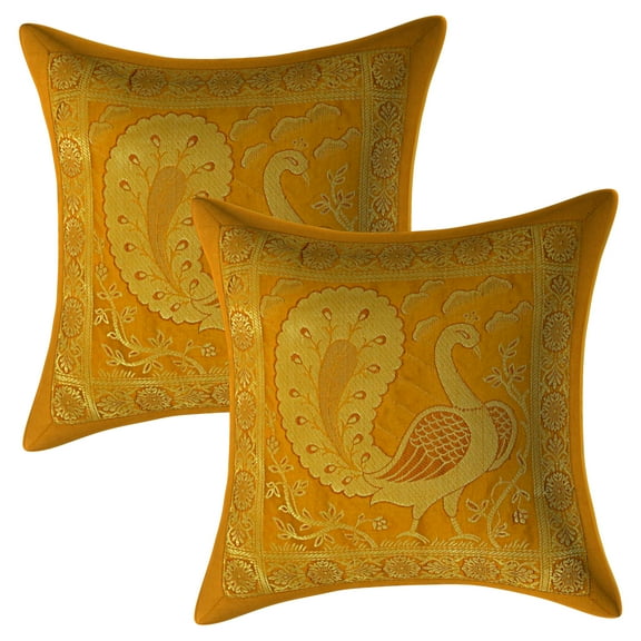 Stylo Culture Indian Decorative Sofa Brocade Mustard Yellow And Gold Throw Pillow Covers 12x12 Jacquard Weave Banarasi Colorful Throw Pillow Covers Peacock 30x30 cm Cushion Covers (Set Of 2)