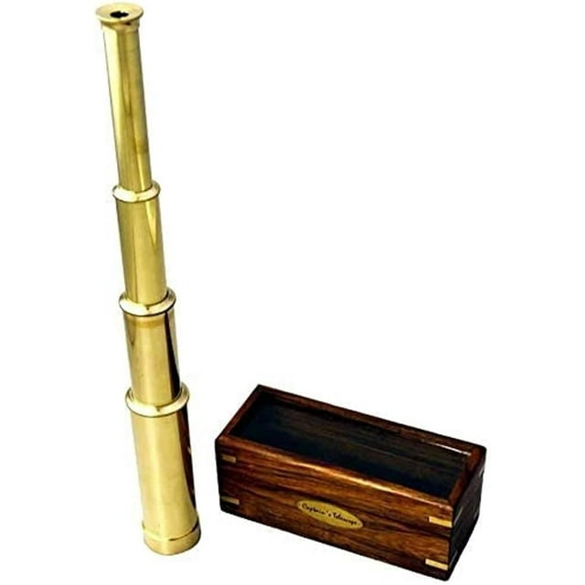 15" Handheld Brass Telescope with Wood Box - Nautical Captain