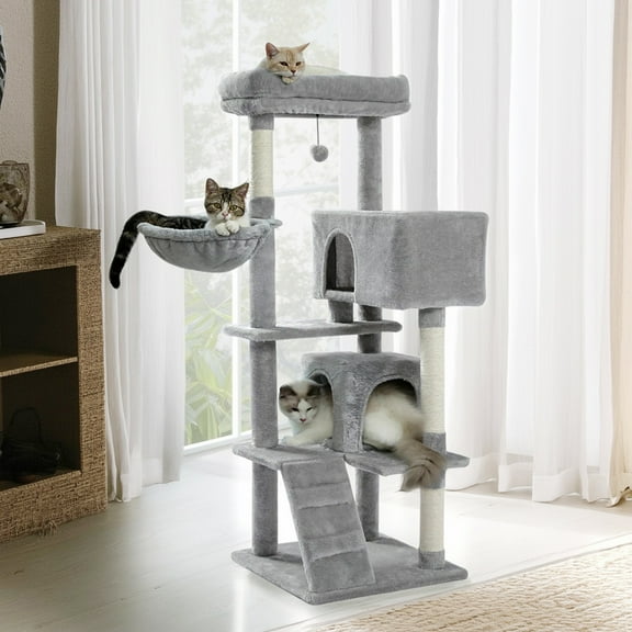 Demi Bonn 56" Multi-Level Cat Tree Tower for Large Cats with Top Perch, Hammock, Climbing Ladder and 2 Condos, Cat Tree House for Multiple Cats, Dark Gray