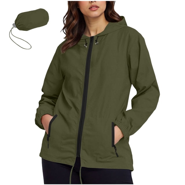 Veste Imperméable pour Femmes Imperméable en Polyester avec Capuche, Fermeture Éclair et Poches avant, Vert Militaire