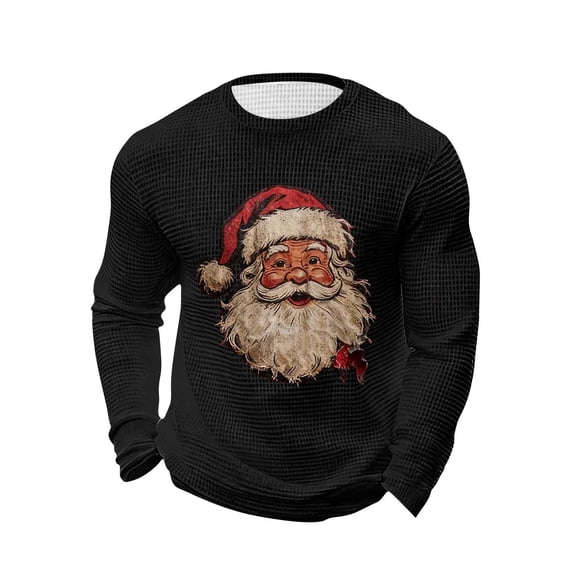 Men Waffles Shirts Santa Claus Graphic Tees Shirt Long Sleeve Crewneck Loose Comfy T-Shirt Loungewear Pajamas Tops