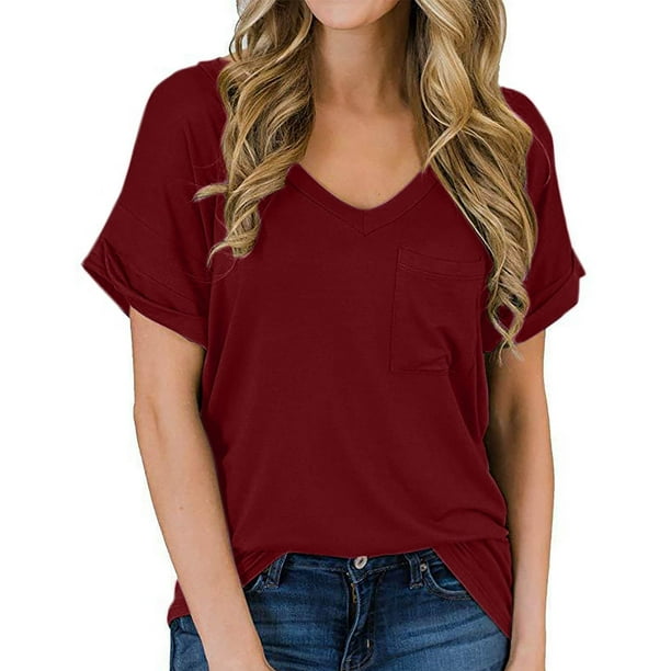 Pntutb - Camiseta de manga corta para mujer con cuello en V y bolsillos informales Pntutb Pntutb-1797
