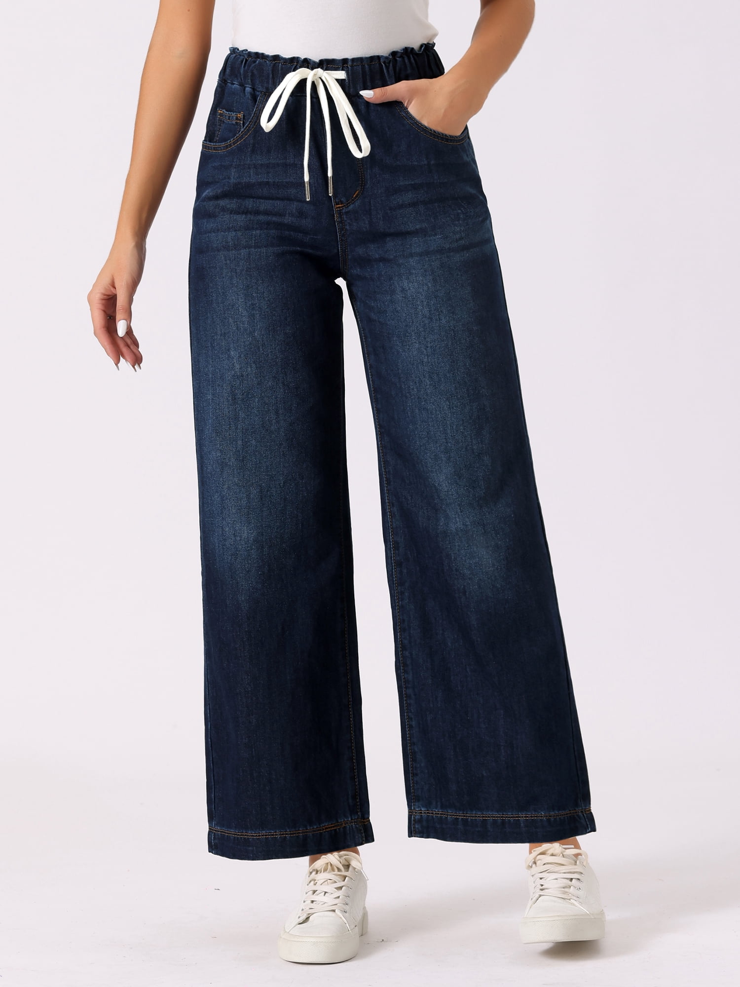 DARING DIVA Women's Trendy Elastic Waist Wide Legs Drawstring Jeans XS Dark Blue