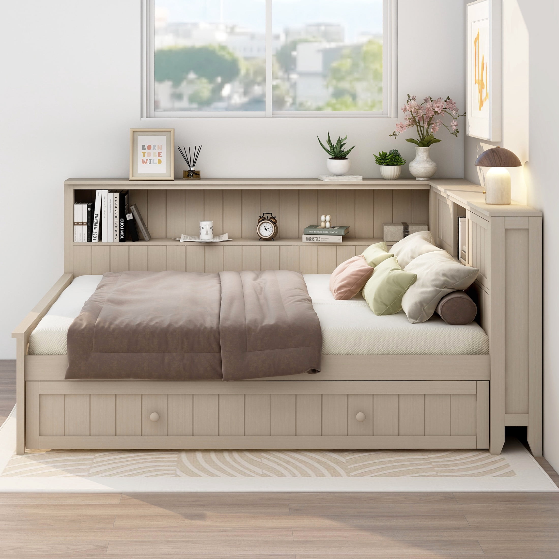 Noble House Illis Full Wood Daybed with Twin Trundle and Storage Shelves, Farmhouse Guest Bed Frame, Ancient White