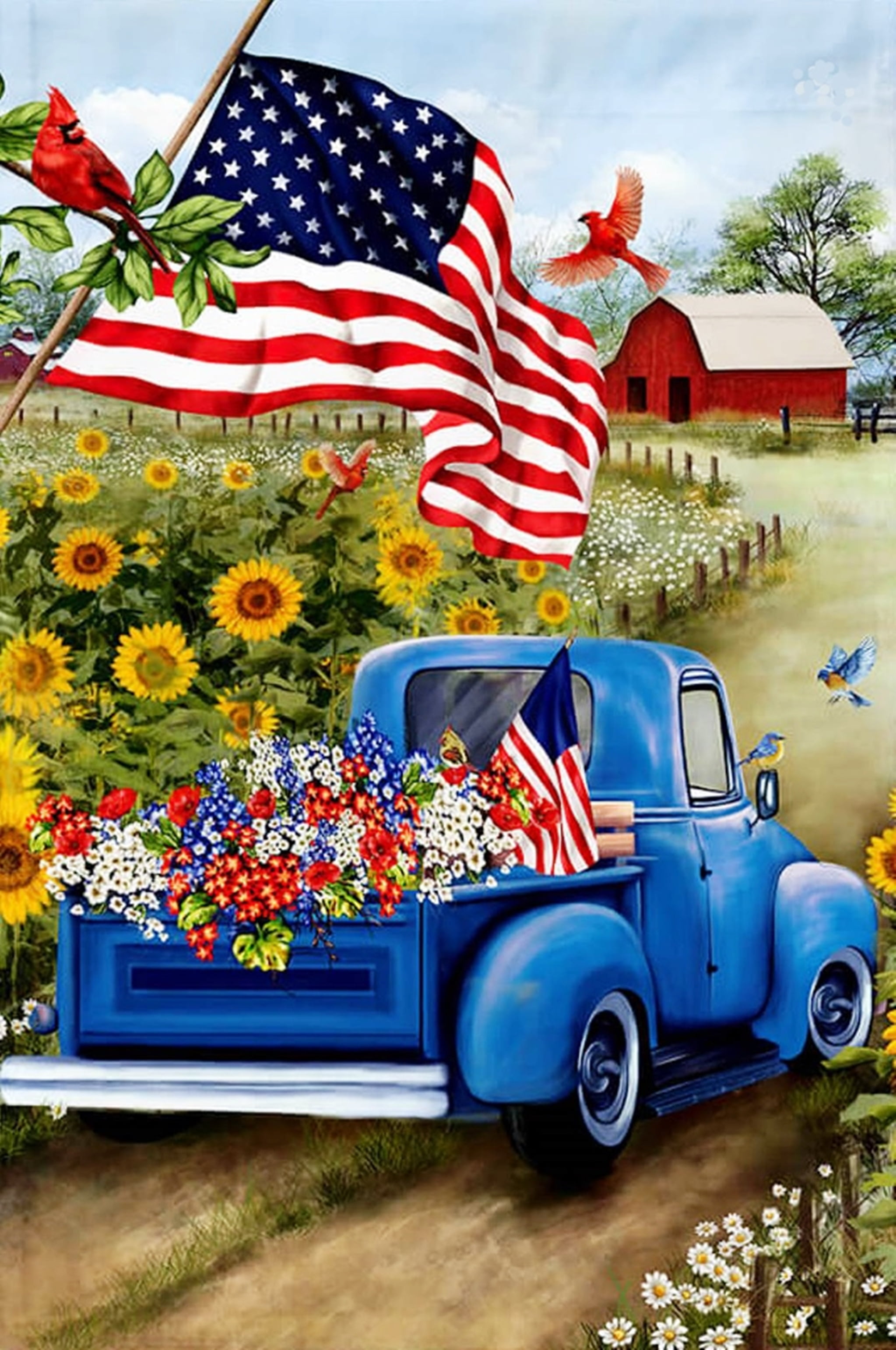 American Flag Pick Up Truck Patriotic Country Farmhouse Sublimated