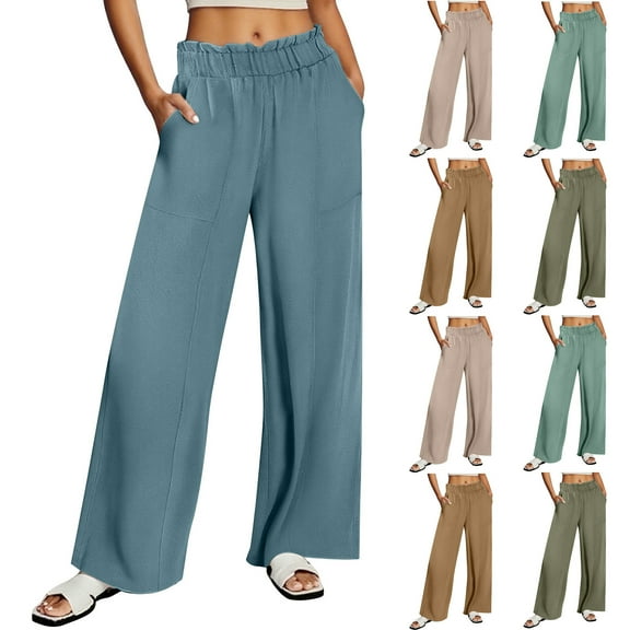 Bovxnpu Women's Linen Flowy Wide Leg Beach Trousers with Pockets Straight Pants Womens Elastic Waist Linen Pull On Casual Trousers Soft Comfy
