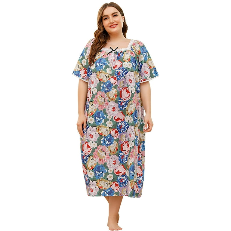 WBQ Long Nightgown Womens Plus Size Sleepwear Short Sleeve Sleep Dress Maxi Night Gowns Floral Print Lounger House Dress Lace Square Neck Nightdress Oversized Loose Fit Loungewear XL 4XL Walmart