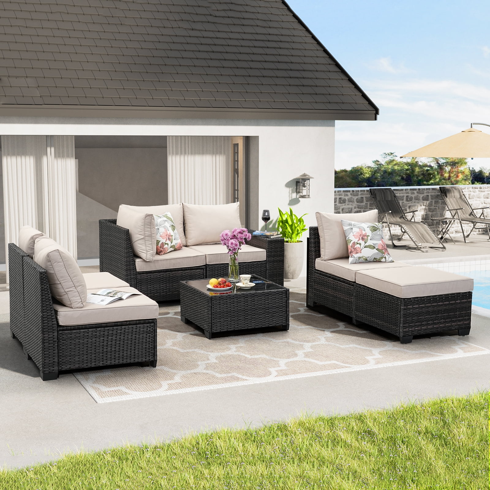JOYURE 7 Pieces Patio Furniture set All-Weather Outdoor Wicker Sectional Conversation Sofa Rattan patio seating sofa with cushion and Glass Table and Ottoman for Porch Poolside,Beige