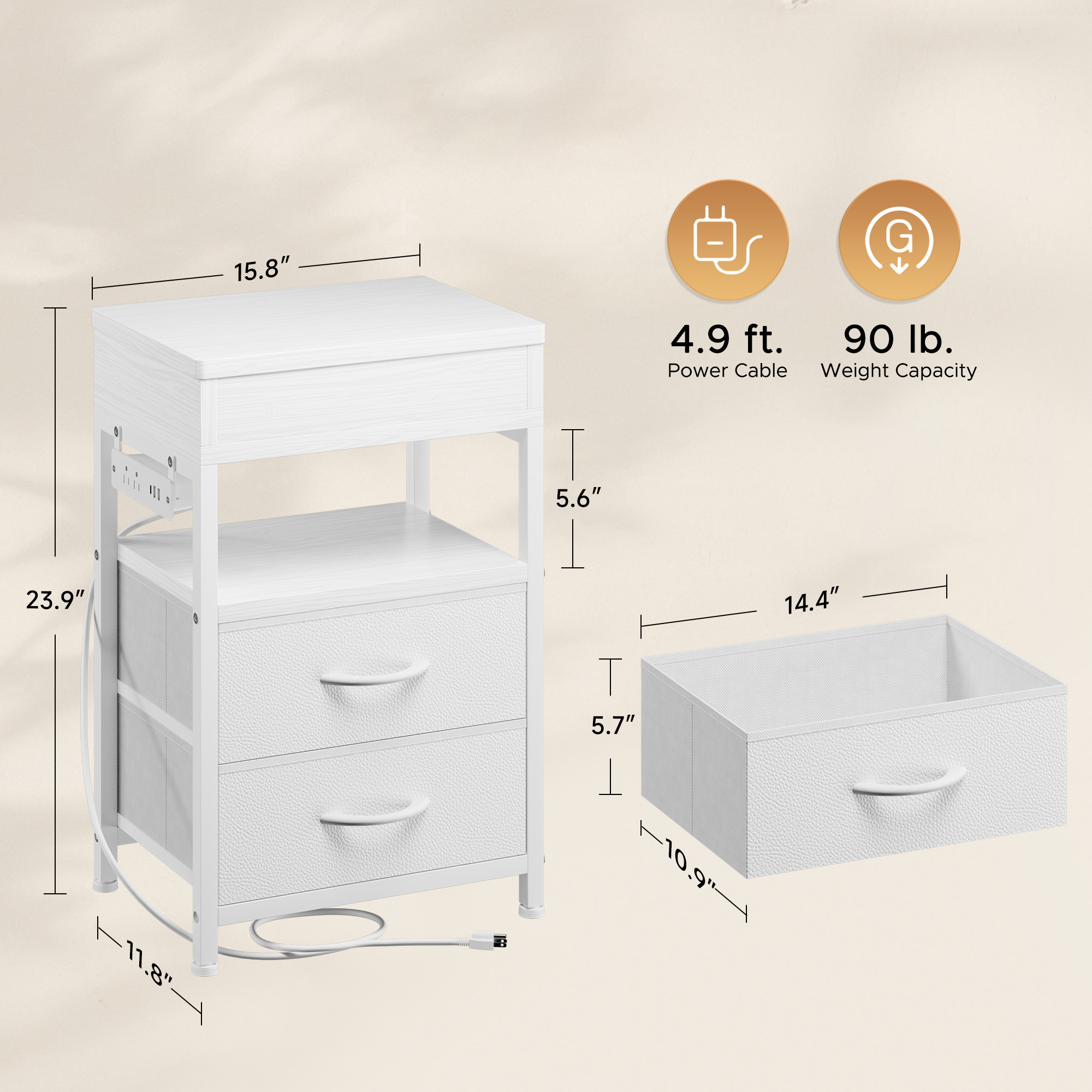 Bestco Nightstand with Sliding Top Modern End Table with Charging Station & 2 Drawers White