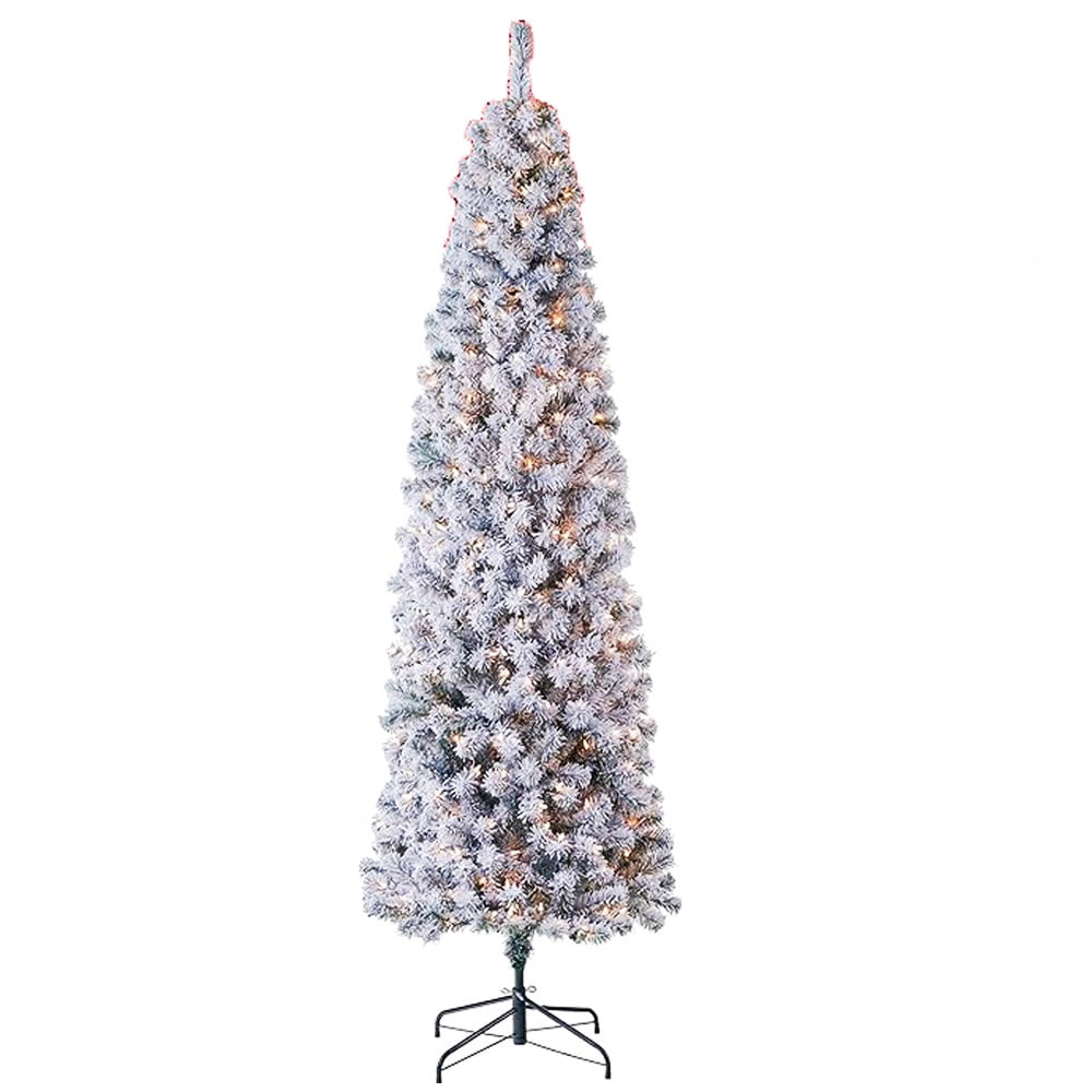 Abble Pre-lit Snow Flocked Artificial Slim Pencil Christmas Tree - 8Ft