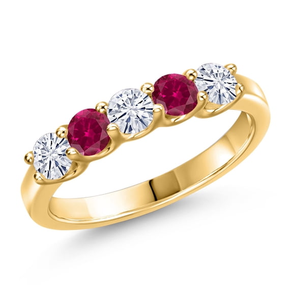 Gem Stone King 18K Yellow Gold Plated Silver White Moissanite and Red Created Ruby Wedding-Bands Ring for Women | 0.98 Cttw | Round 3.5MM | Gemstone Birthstone | Size 5