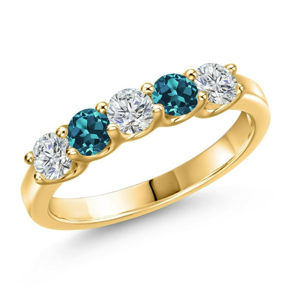 Gem Stone King 18K Yellow Gold Plated Silver Lab Grown Diamond and London Blue Topaz Wedding-Bands Ring for Women | 0.95 Cttw | Round 3.5MM | Gemstone April Birthstone | Size 9