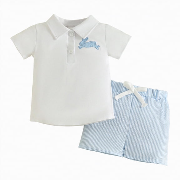 UngA Toddler Baby Boy Easter Outfit Bunny Print Short Sleeve Button Down Shirt and Shorts Set Infant 2 Piece Summer Clothes (Blue,12-18 Months)