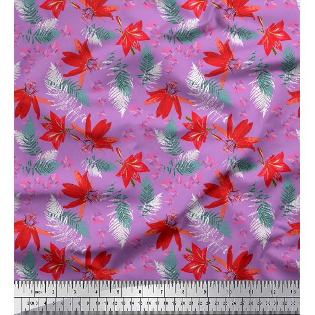 Soimoi Polyester Crepe Fabric Spruce Leaves & Lily Floral Fabric Prints by Yard 42 Inch Wide