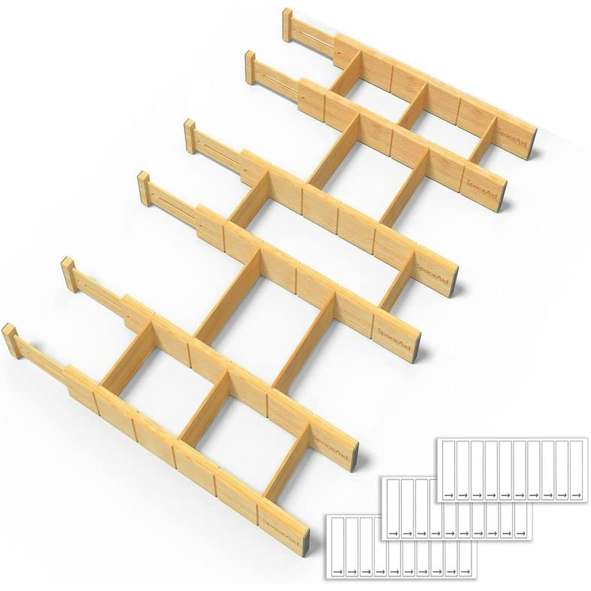 SpaceAid Bamboo Drawer Dividers with Inserts and Labels, Kitchen Adjustable Drawer Organizers, 6 Dividers with 12 Inserts (17-22 in)