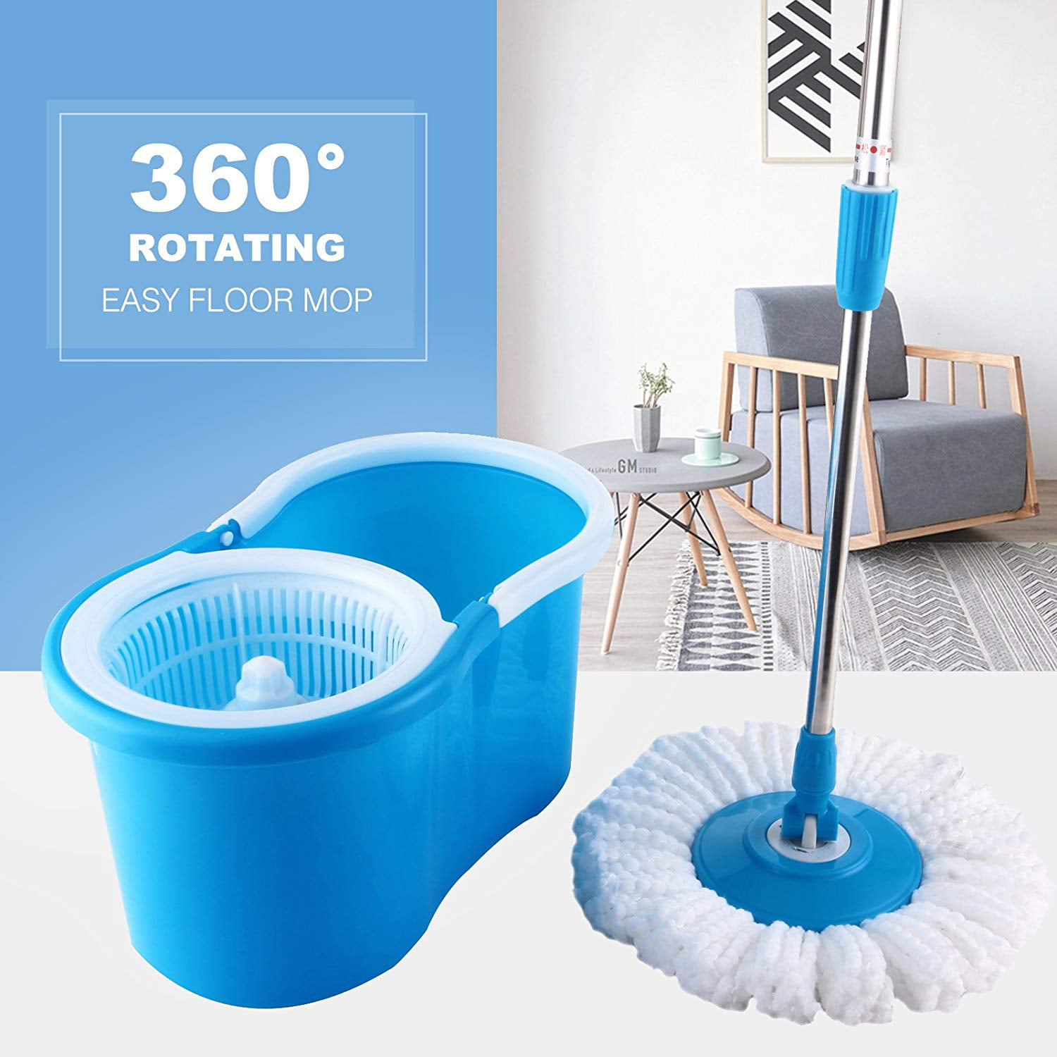 Pedal Bucket & Microfiber Rotary 360° Spin Swivel Mop Clean Set Extendable Blue 