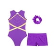 thumbnail image 3 of TTAO Kids Girls Sparkle Gymnastics Leotard Tumbling Bodysuit Unitard with Athletic Dance Shorts Hair Tie Set Purple 10, 3 of 7