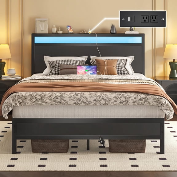 Full Bed Frame with Headboard & Footboard, Full Bed Frame with Built-in Charging Station & LED Light, Storage Shelf, Noise-Free, No Box Spring Needed, Easy Assembly, Classic Black