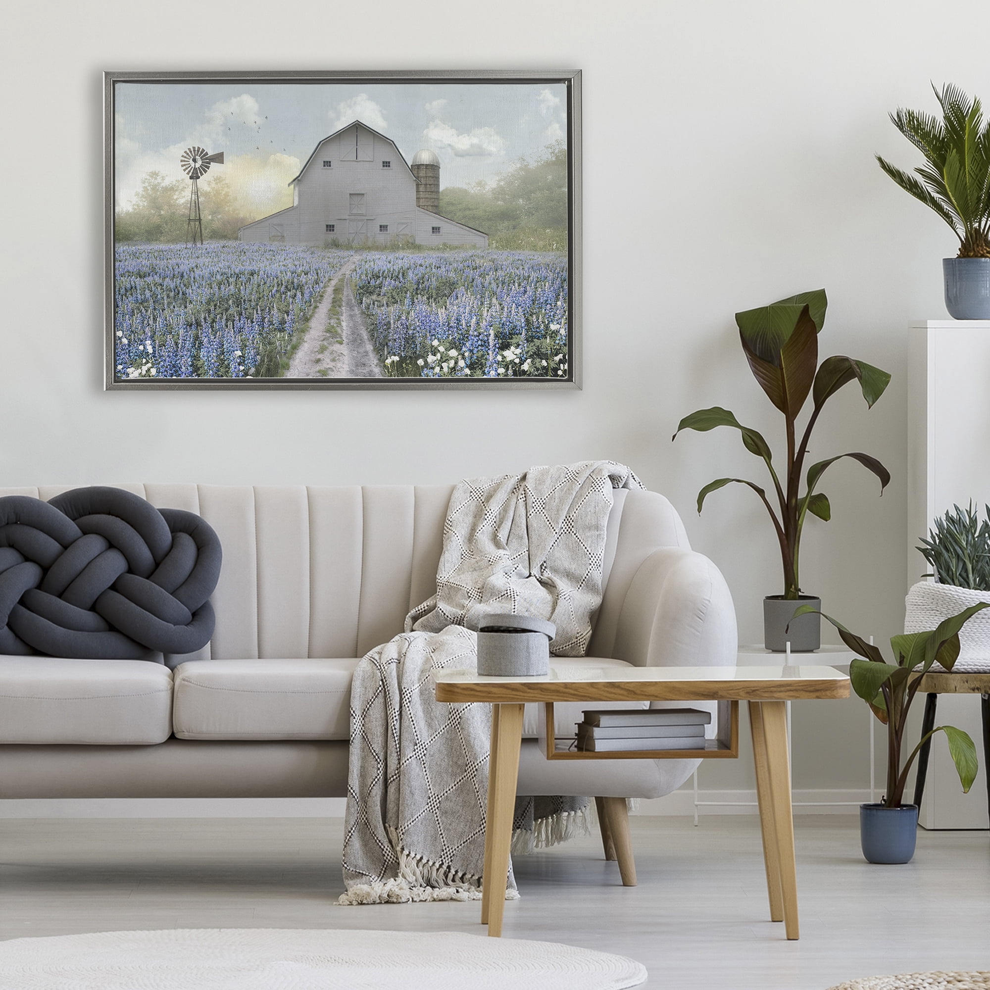 Stupell Industries Meadow of Blue Flowers & Barn Gray Framed Floater Canvas Wall Art, design by Nan