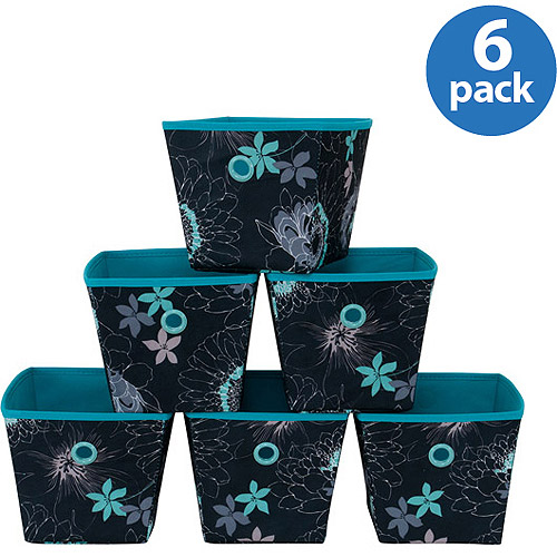 Mainstays Mini Bins, Floral Print with Teal Grommets, Set of 6