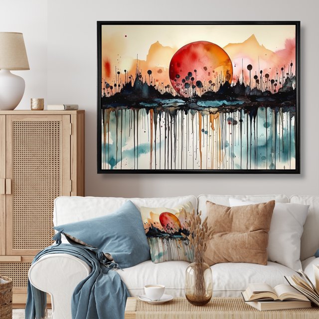 Designart Minimalism framed wall art decor, Minimalism framed wall Art, Simplistic Depiction of Mountains and Rivers I , Red Traditional black framed wall art, 32x16 inches black frame