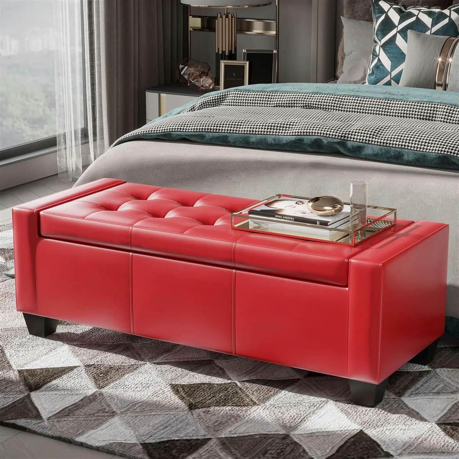 Demi Bonn 50" Oversized Ottoman, Tufted Faux Leather Bench, Storage Ottoman for Living Room, Bedroom, Modern Storage Bench, Red